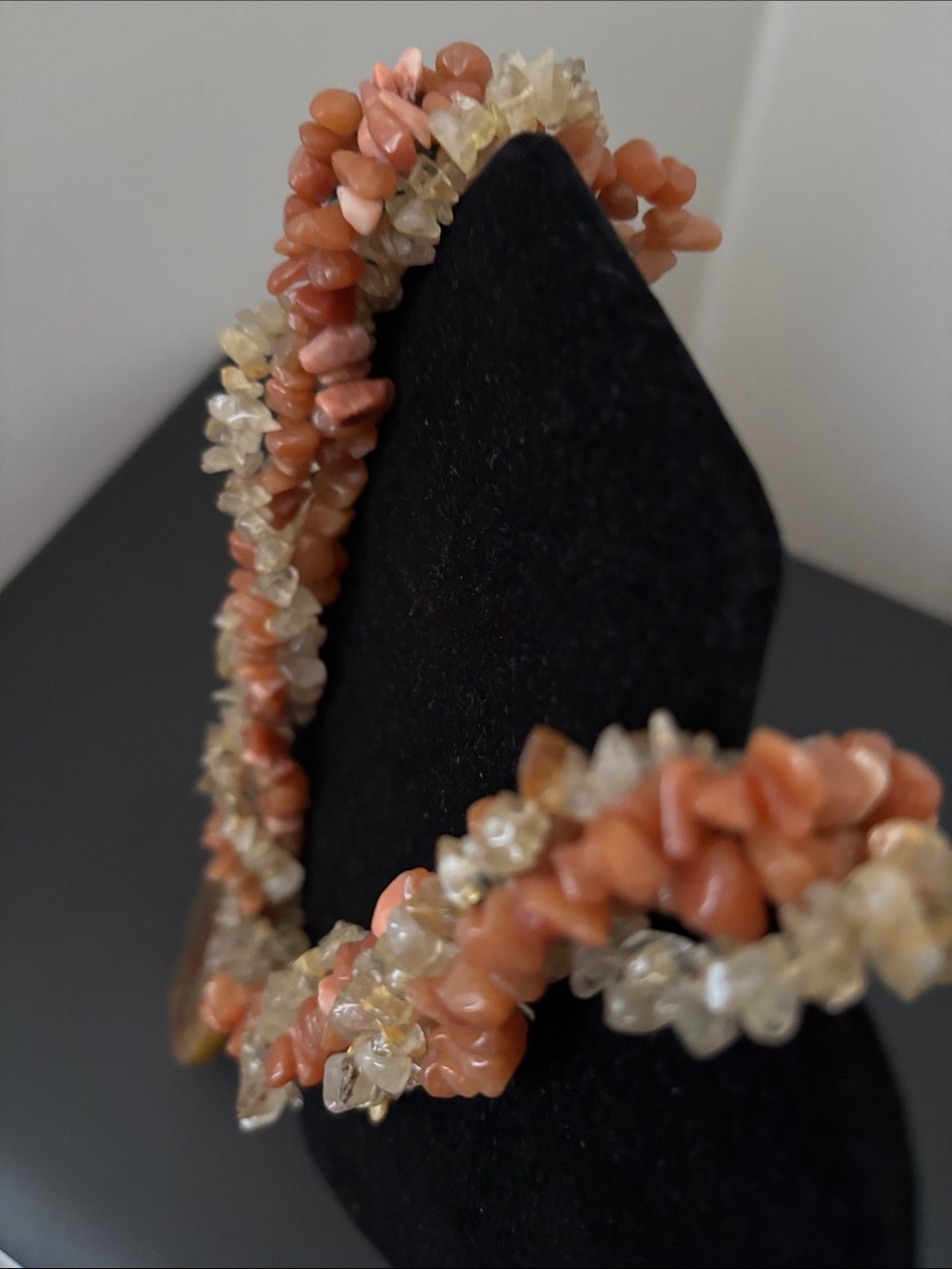 Handcrafted Coral and Citrine Chip Necklace with Round Pendant - Picture 4 of 4